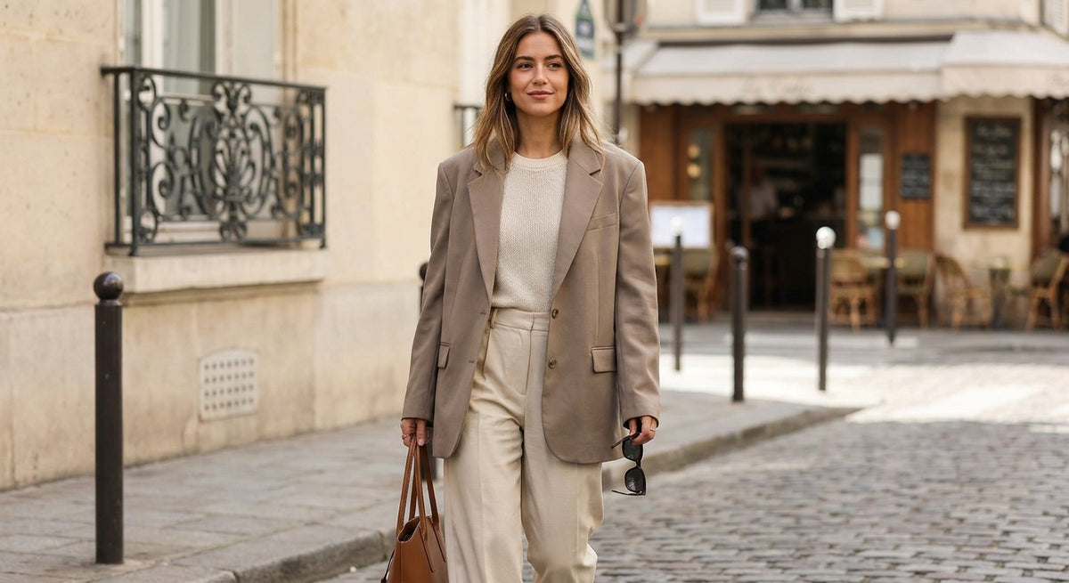 Mujer con blazer oversize en estilo parisino, look elegante de día a noche