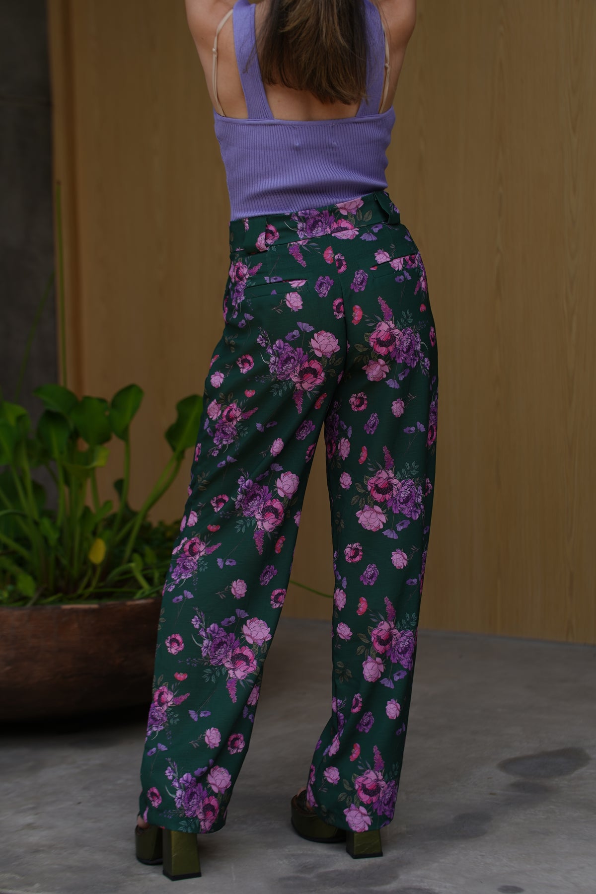 PANTALON LINO VERDE FLORES