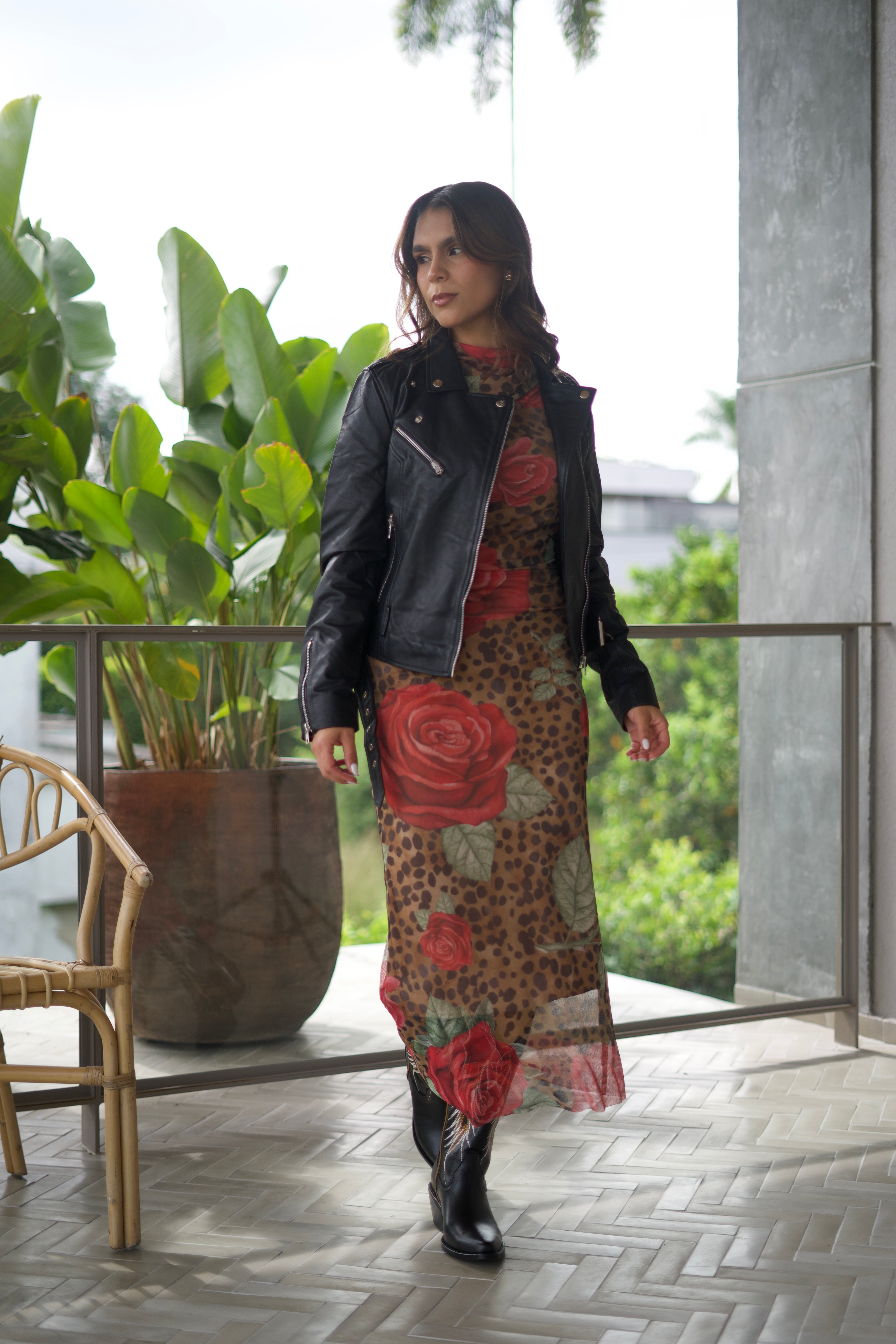 VESTIDO LEOPARD ROSES CAFÉ