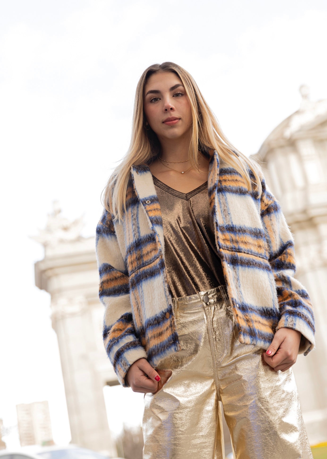 Chaqueta suave con cuadros.